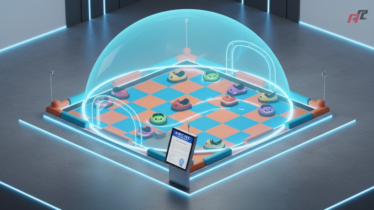A 3D illustration of a bumper car arena protected by a transparent blue shield with ANCHI Amusement branding, representing liability insurance coverage.