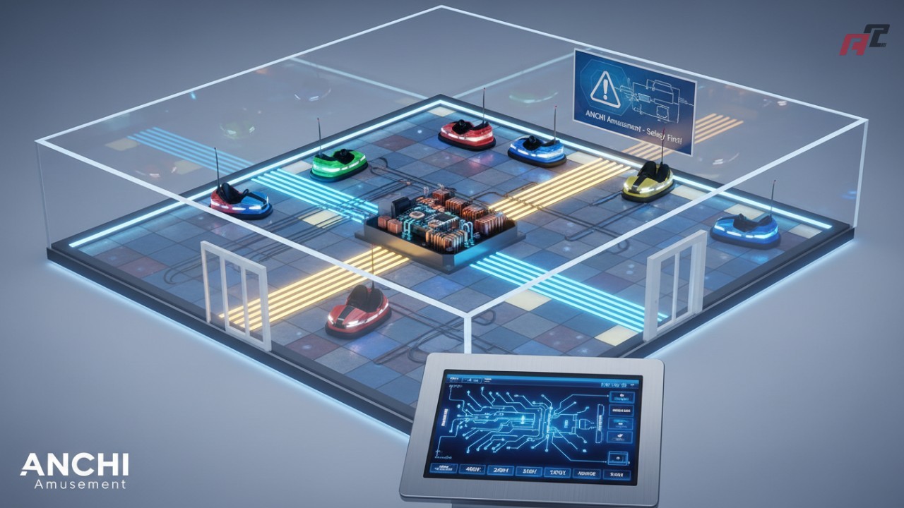 A 3D technical illustration showing the electrical power requirements and floor grid infrastructure of an ANCHI Amusement bumper car arena.