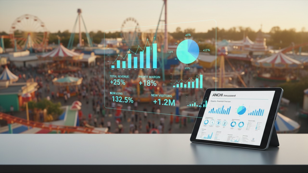A business dashboard showing ROI and financial metrics for an amusement center with the ANCHI Amusement brand name visible.