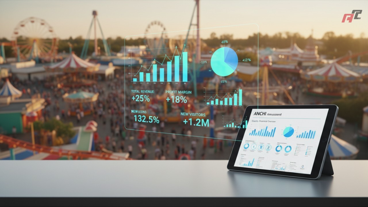 A business dashboard showing ROI and financial metrics for an amusement center with the ANCHI Amusement brand name visible.