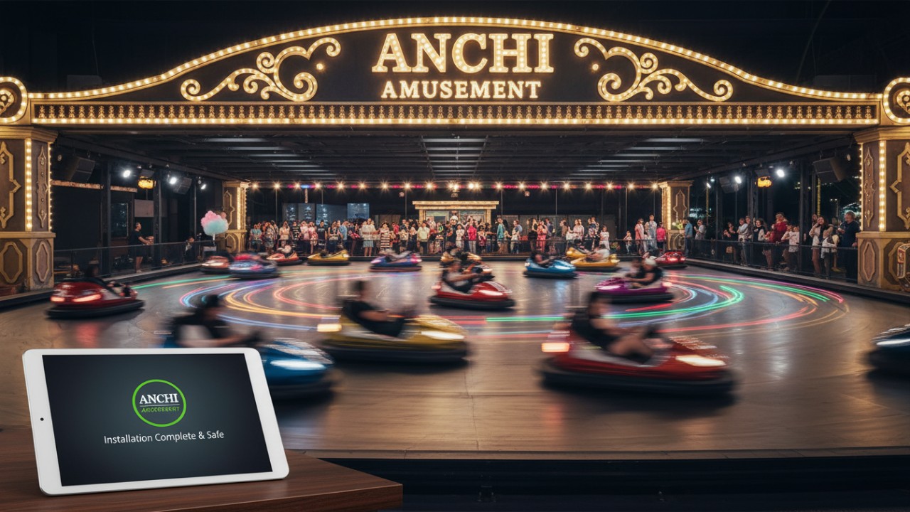 A bustling and successful bumper car arena at night with a large glowing ANCHI Amusement sign over the entrance.