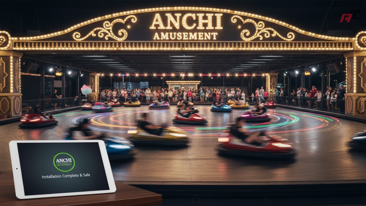 A bustling and successful bumper car arena at night with a large glowing ANCHI Amusement sign over the entrance.