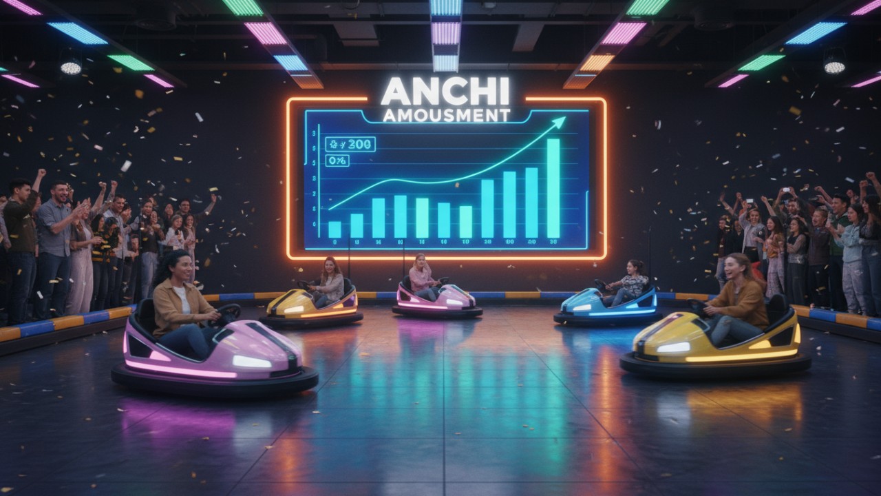 A busy and profitable amusement venue with people riding bumper cars and a large digital sign displaying ANCHI Amusement and ROI growth charts.