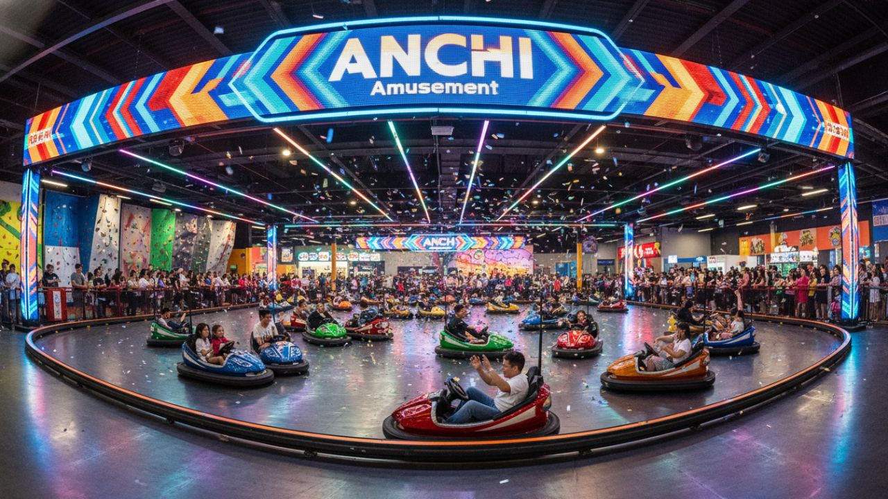 A busy and profitable indoor amusement park arena with people enjoying bumper cars and a prominent ANCHI Amusement sign.