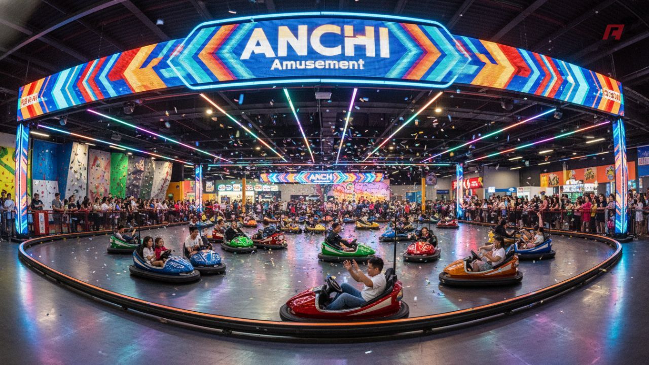 A busy and profitable indoor amusement park arena with people enjoying bumper cars and a prominent ANCHI Amusement sign.