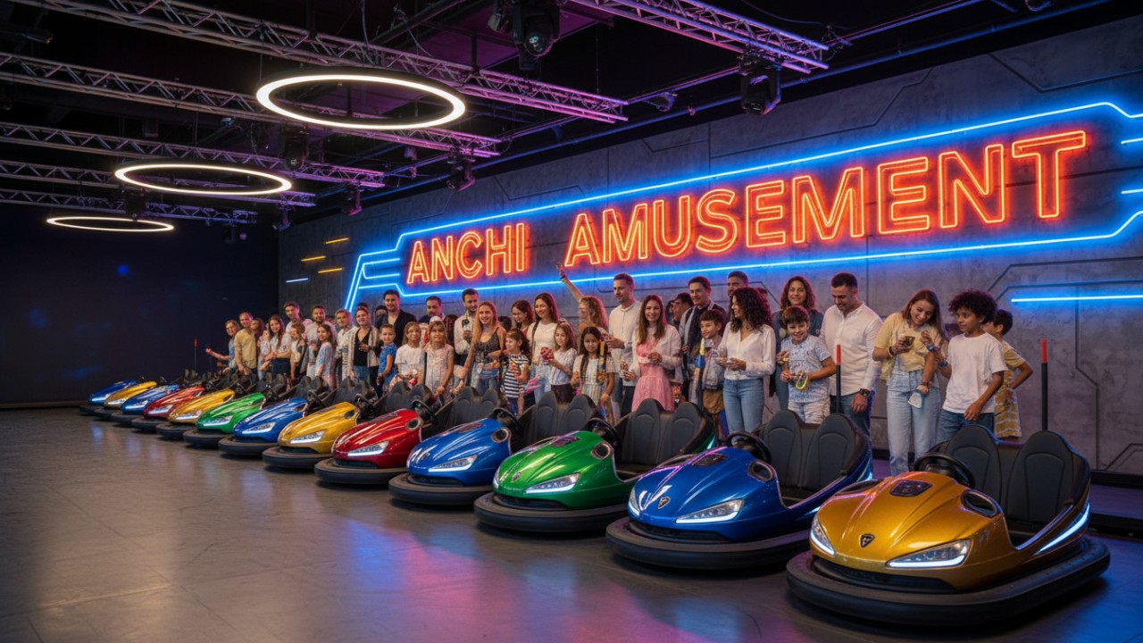 A busy indoor amusement center featuring a large neon sign for ANCHI Amusement and a fleet of colorful bumper cars