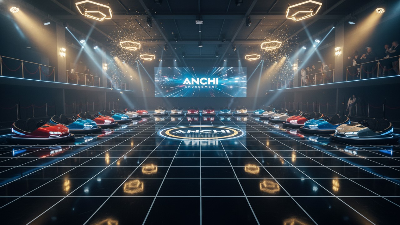 A cinematic wide shot of a finished modern bumper car arena with the ANCHI Amusement logo prominently displayed on the floor.