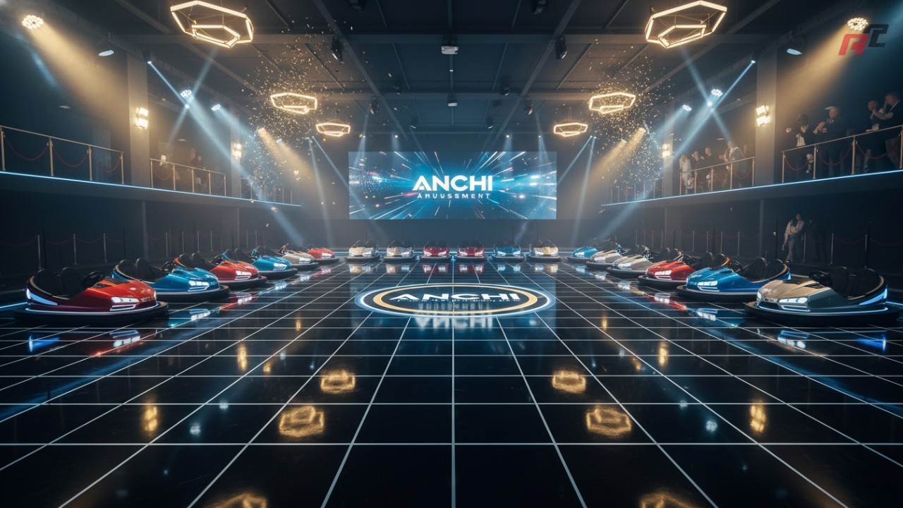 A cinematic wide shot of a finished modern bumper car arena with the ANCHI Amusement logo prominently displayed on the floor.