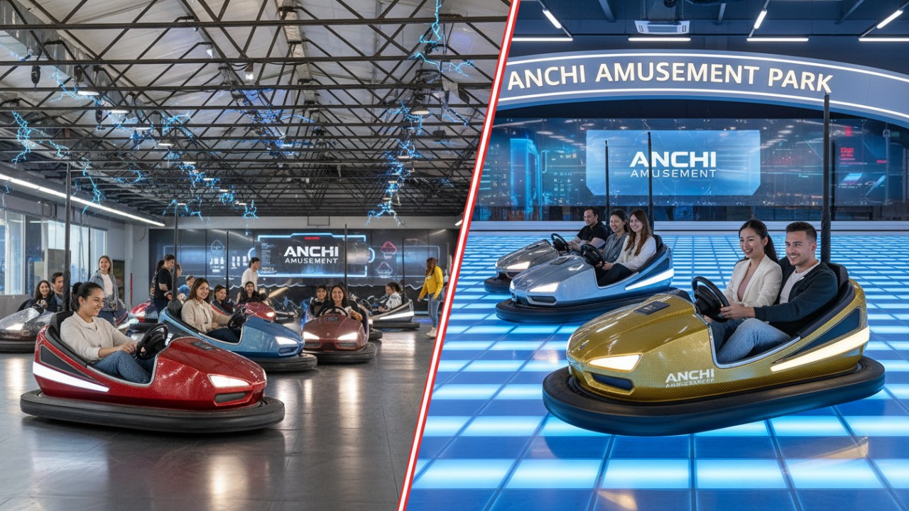 A comparison view between traditional overhead grid bumper cars and modern battery-operated systems with an ANCHI Amusement vehicle in the foreground.
