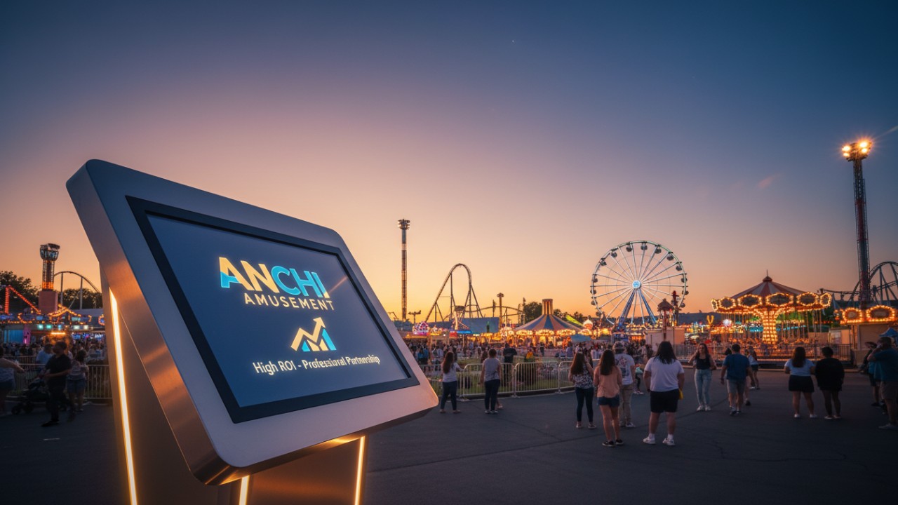 A conceptual illustration of a thriving amusement park business featuring the ANCHI Amusement brand name on a welcome sign.