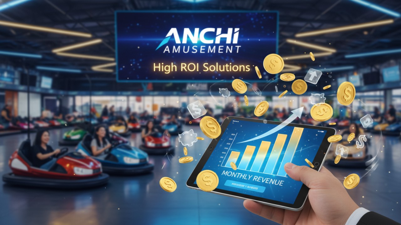 A conceptual image showing a financial growth chart and gold coins representing the profitability of ANCHI Amusement bumper car systems.