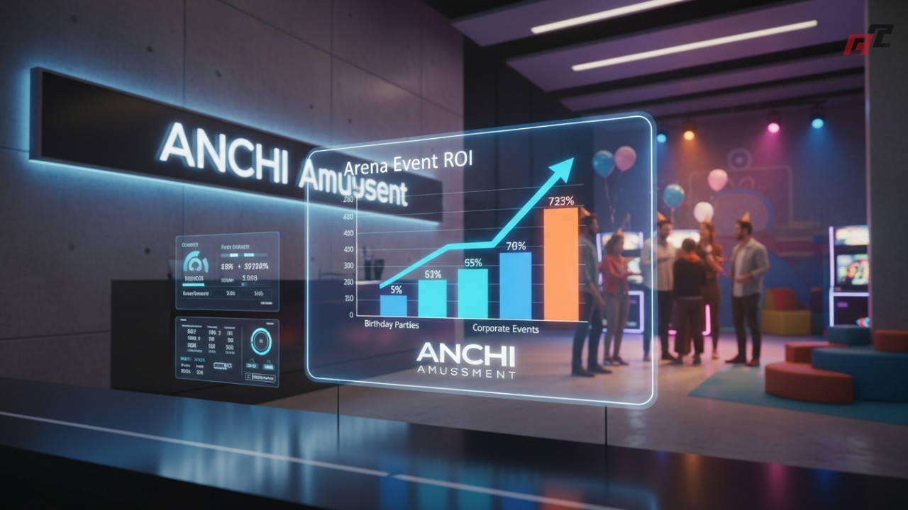 A digital illustration of a business dashboard showing rising ROI in an amusement center branded with the ANCHI Amusement logo.