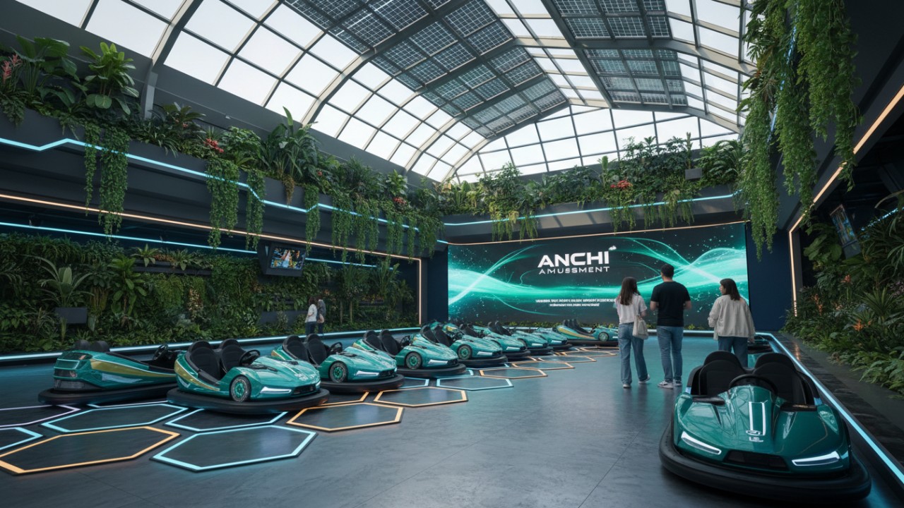 A futuristic and energy efficient amusement venue for 2026 featuring modern ANCHI Amusement branded battery bumper cars and green technology.
