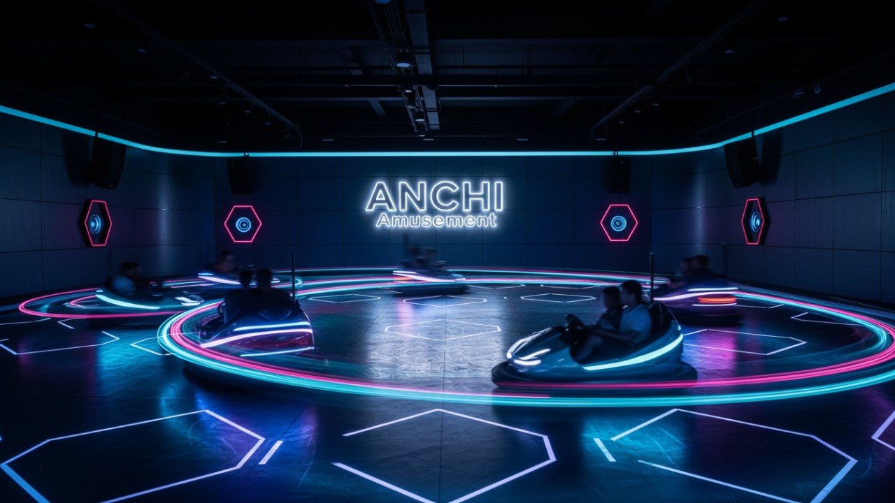A futuristic bumper car arena with neon lighting, UV-reactive elements, and an ANCHI Amusement neon sign.