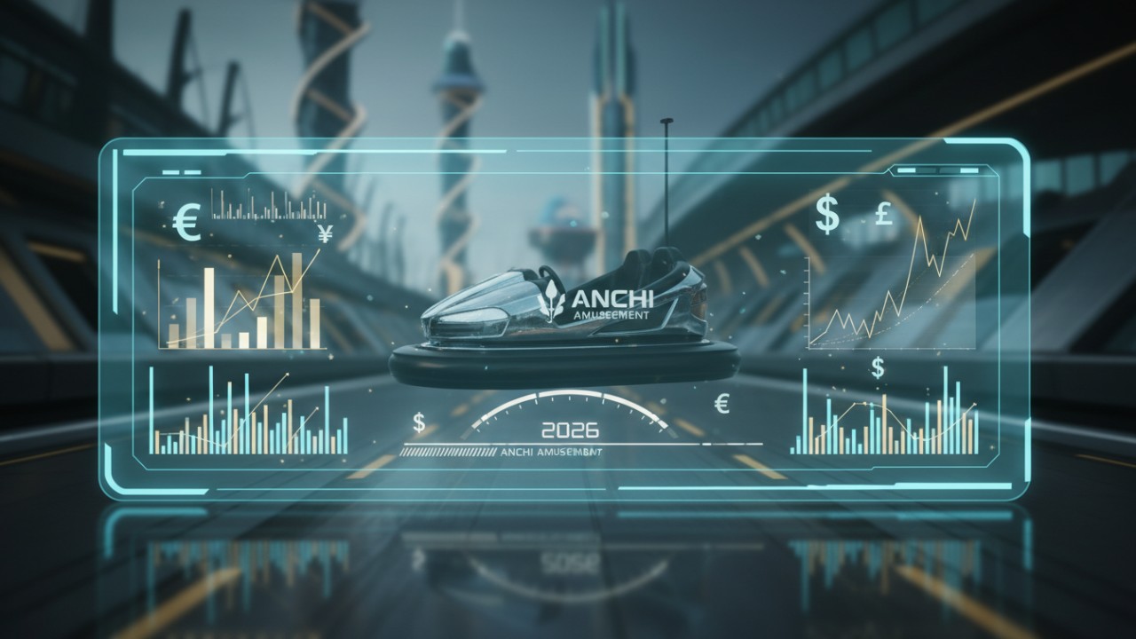 A futuristic financial dashboard displaying 2026 insurance cost data for a bumper car branded with ANCHI Amusement.