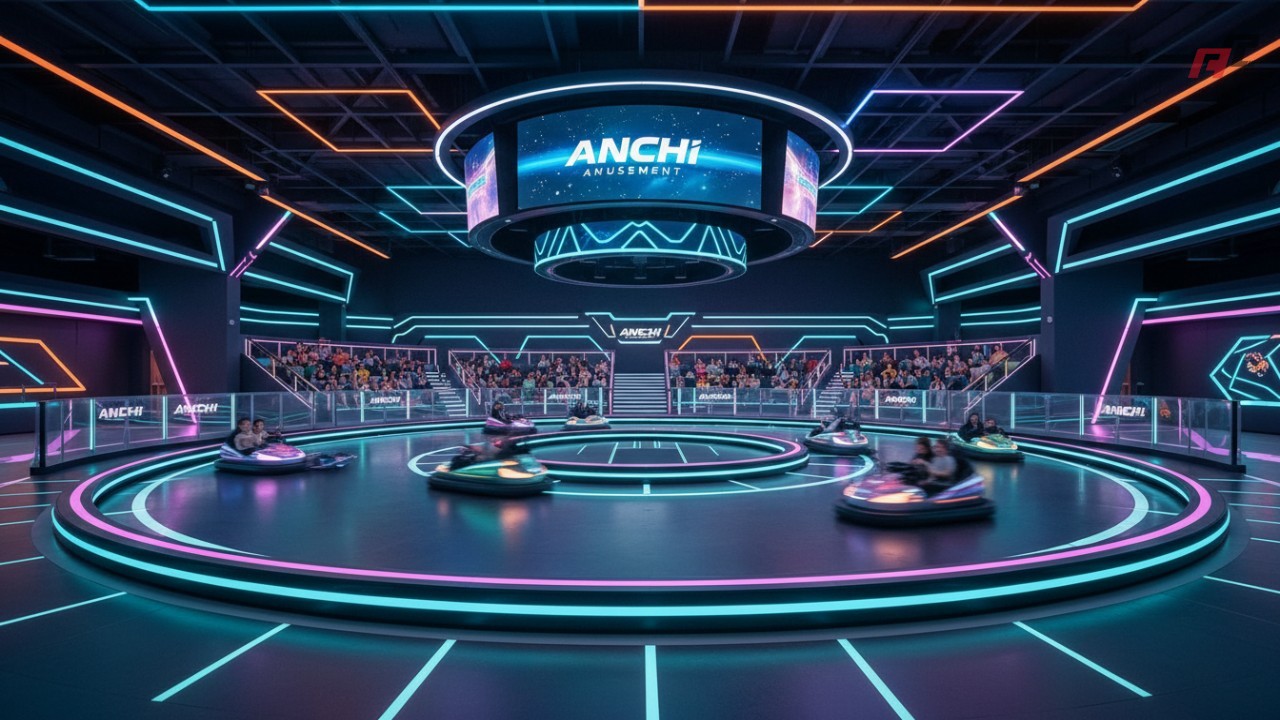 A futuristic indoor bumper car arena layout with neon lighting and ANCHI Amusement branding on a digital scoreboard.