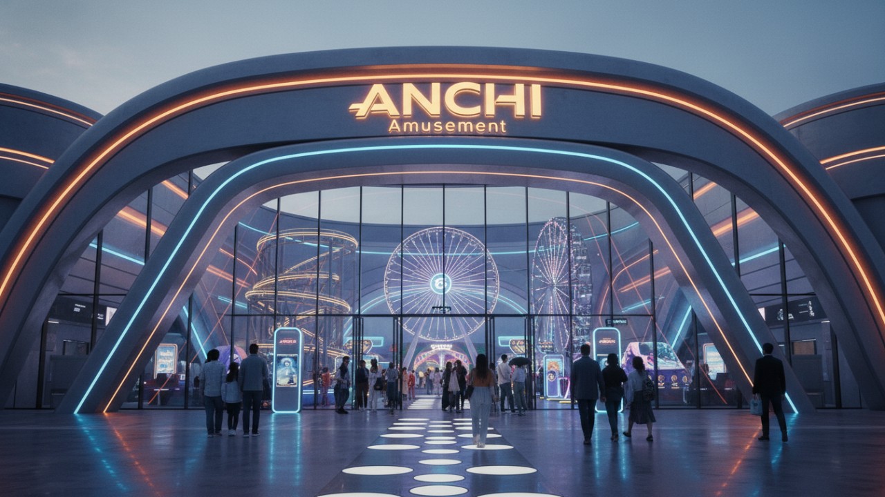 A grand entrance to a modern theme park featuring ANCHI Amusement branding and high-end entertainment attractions.