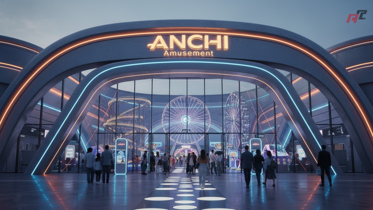 A grand entrance to a modern theme park featuring ANCHI Amusement branding and high-end entertainment attractions.