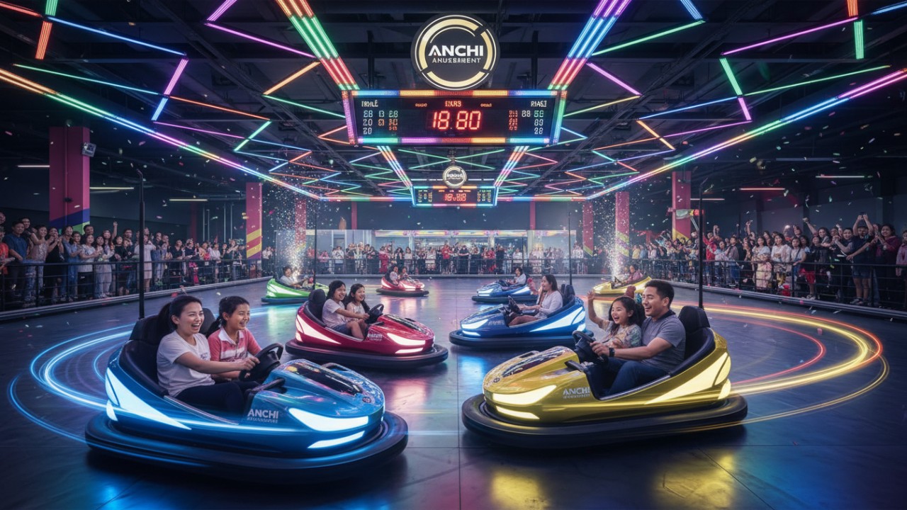 A high-energy photo of a crowded bumper car attraction with guests enjoying ANCHI Amusement branded vehicles under vibrant lights.