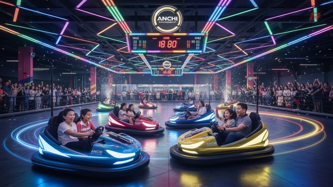 A high-energy photo of a crowded bumper car attraction with guests enjoying ANCHI Amusement branded vehicles under vibrant lights.
