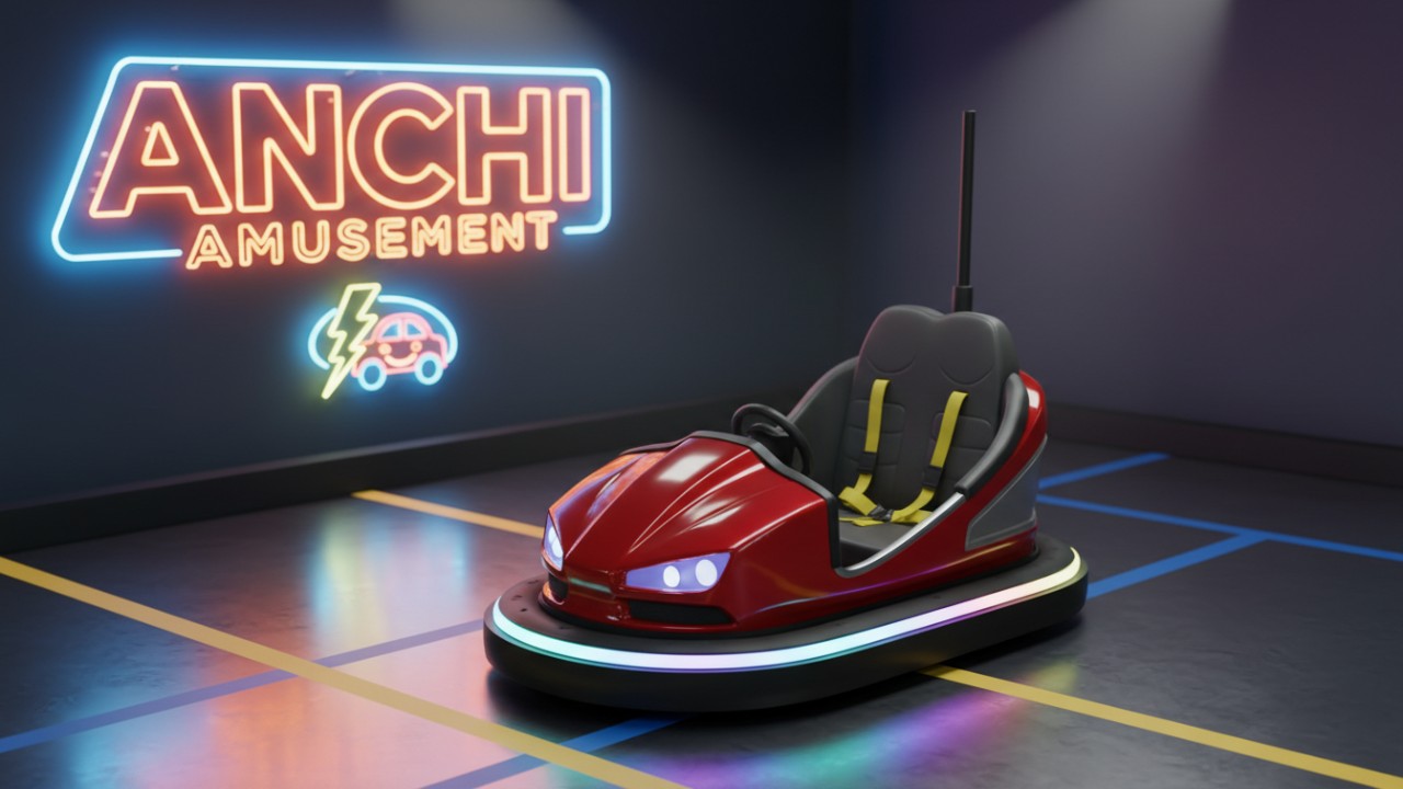 A high tech commercial electric bumper car with neon lighting and safety features in a modern amusement center.
