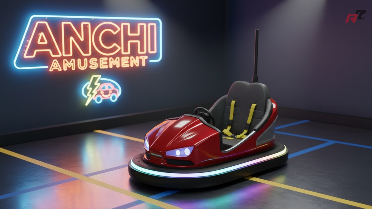 A high tech commercial electric bumper car with neon lighting and safety features in a modern amusement center.