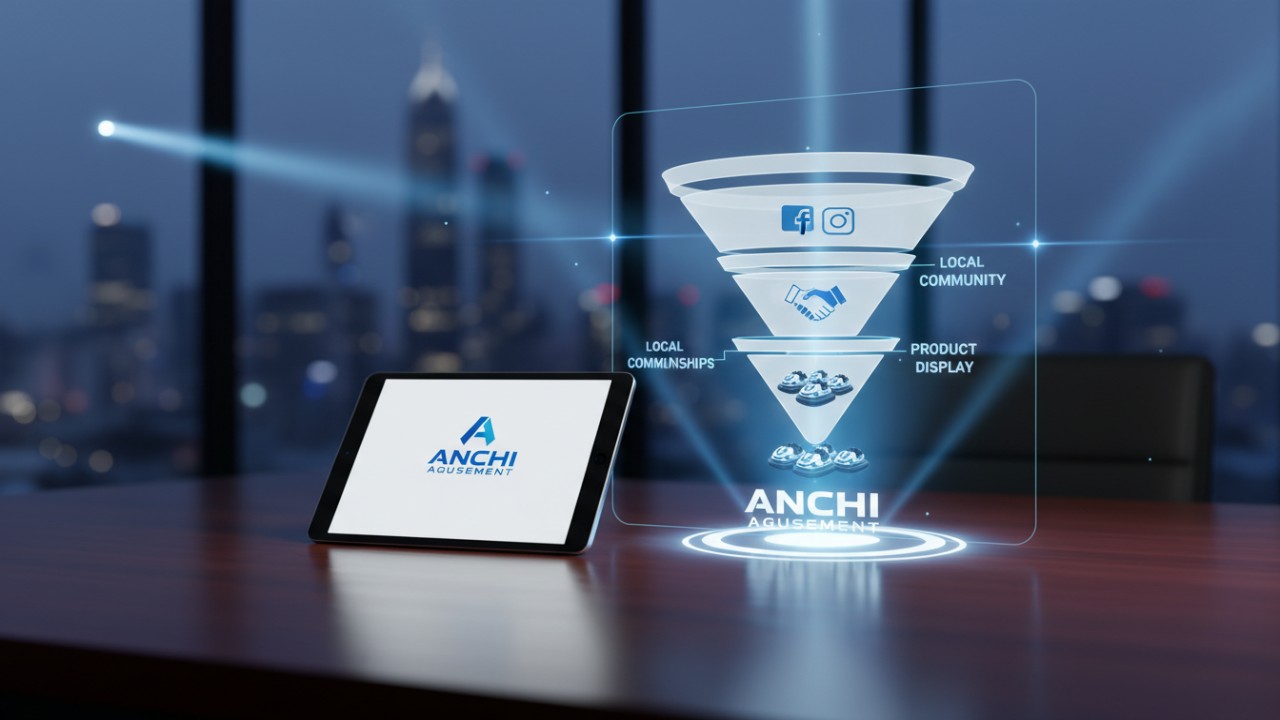 A high-tech digital marketing strategy interface for bumper cars with ANCHI Amusement branding on a tablet screen.