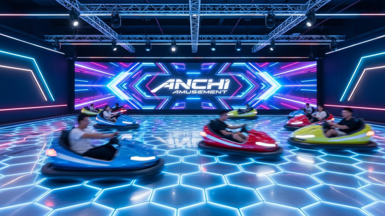 A high-tech indoor bumper car arena with glowing neon lights and the ANCHI Amusement brand name on a digital screen.