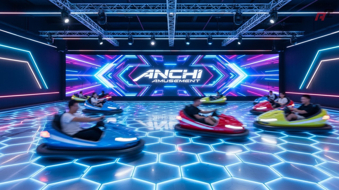 A high-tech indoor bumper car arena with glowing neon lights and the ANCHI Amusement brand name on a digital screen.