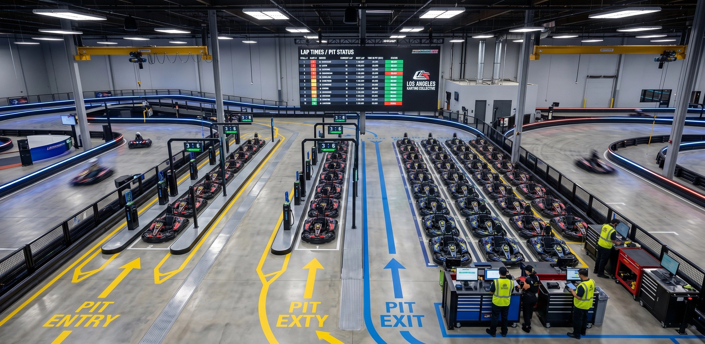 a highly organized indoor go-kart track pit lane