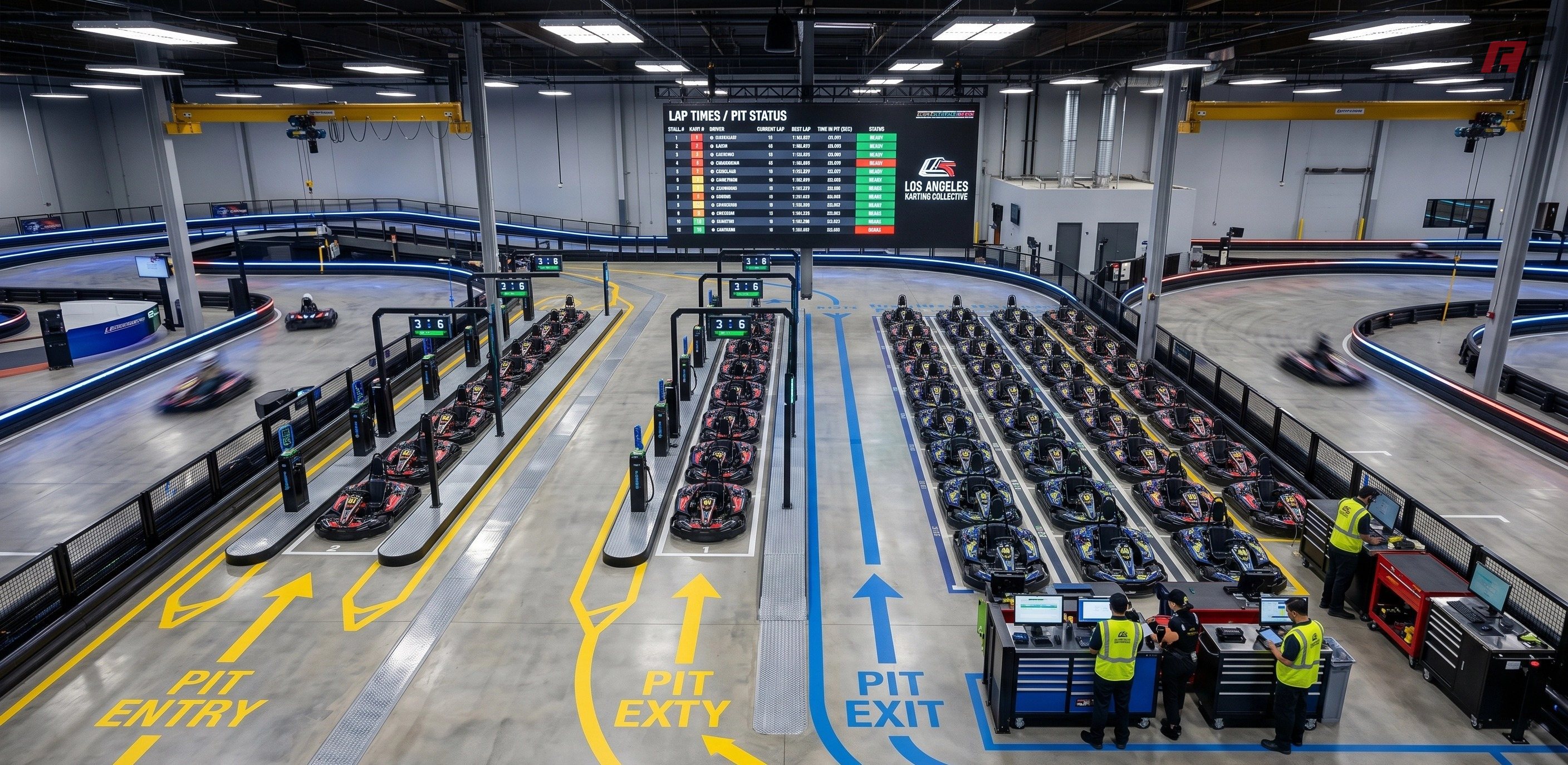 a highly organized indoor go-kart track pit lane a highly organized indoor go-kart track pit lane