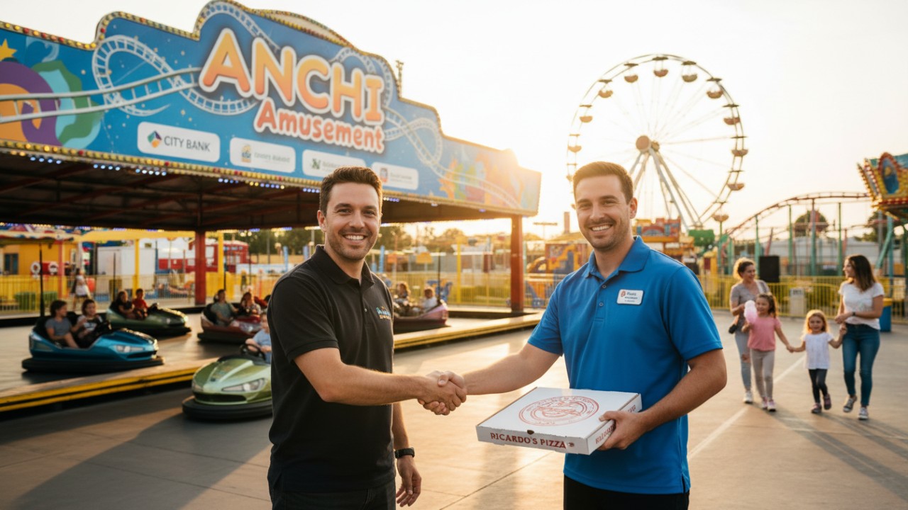 A manager and local business partner shaking hands in front of an ANCHI Amusement bumper car arena.