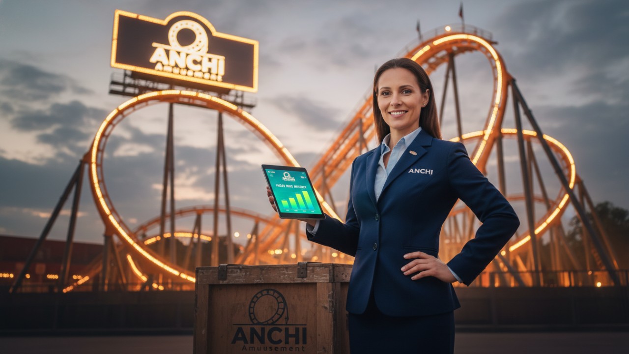 A modern vector illustration of a park operator holding a profit report in front of an ANCHI Amusement branded attraction