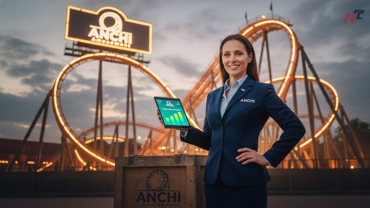 A modern vector illustration of a park operator holding a profit report in front of an ANCHI Amusement branded attraction