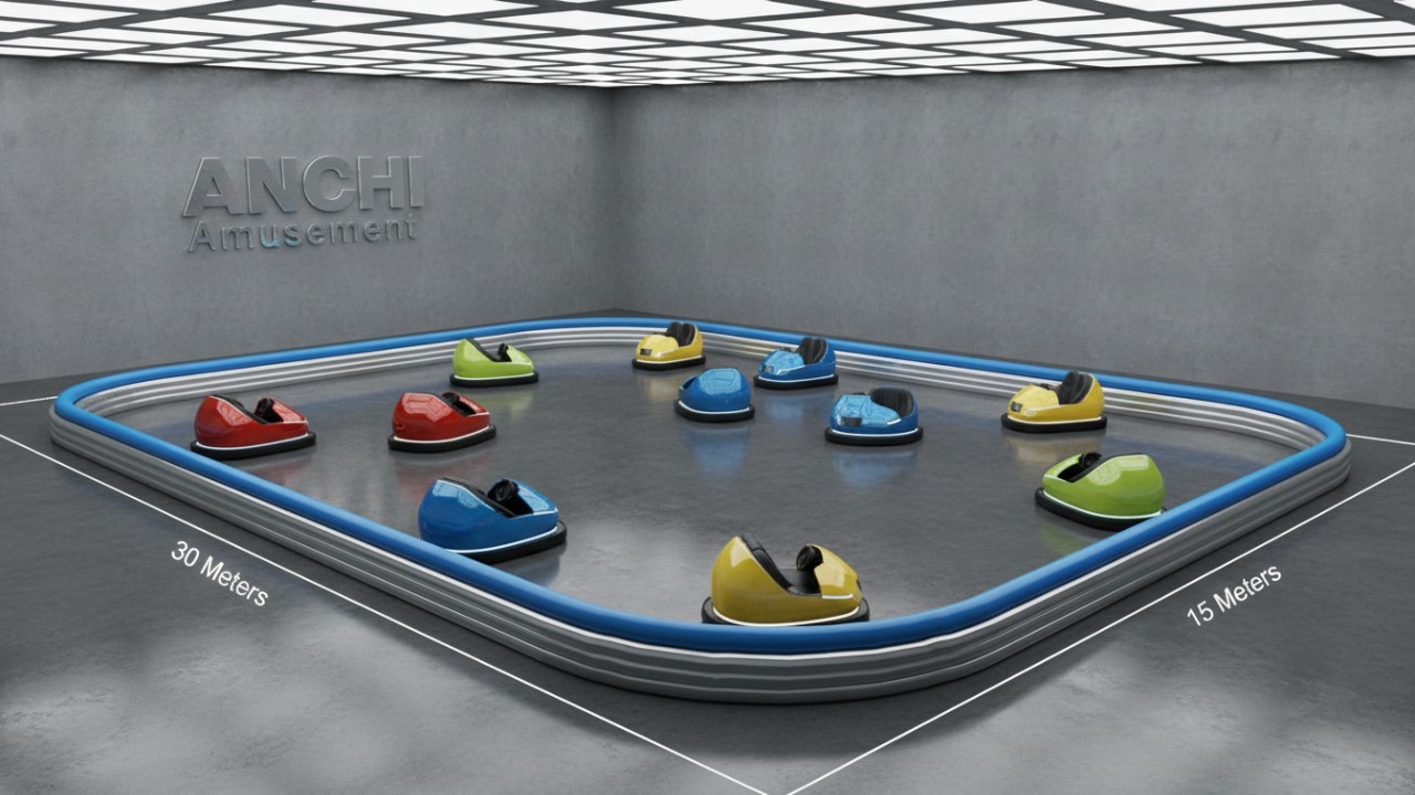 A professional 3D architectural layout showing the standard dimensions and spatial requirements for a 10-car bumper car rink with ANCHI Amusement branding.