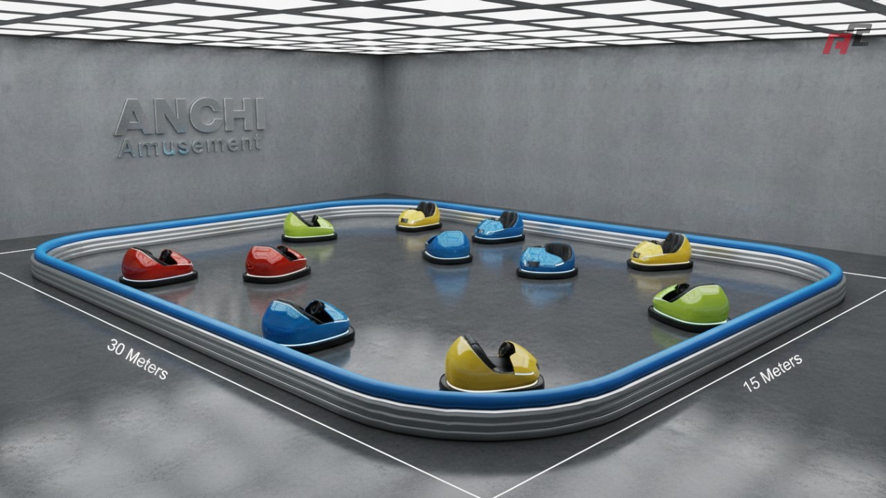 A professional 3D architectural layout showing the standard dimensions and spatial requirements for a 10-car bumper car rink with ANCHI Amusement branding.