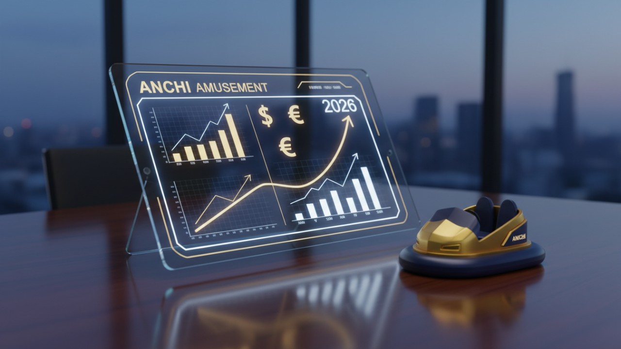 A professional 3D financial dashboard showing ROI projections and cost analysis for bumper car investments with the ANCHI Amusement logo on the screen.