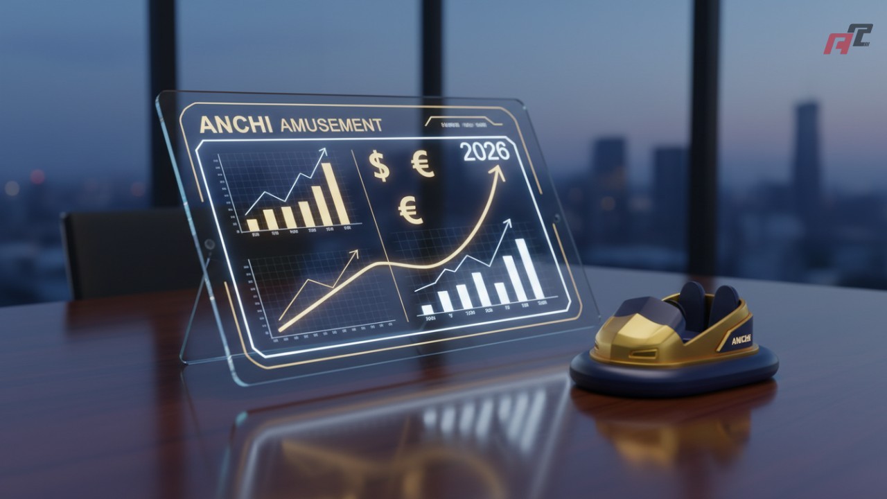 A professional 3D financial dashboard showing ROI projections and cost analysis for bumper car investments with the ANCHI Amusement logo on the screen.