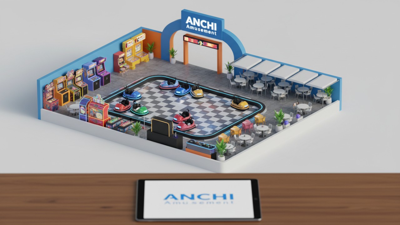 A professional 3D isometric floor plan of an entertainment venue featuring an integrated bumper car arena and ANCHI Amusement branding.
