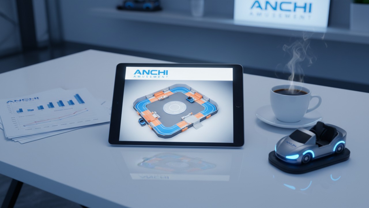 A professional desk setup featuring a digital business plan for a bumper car attraction with the ANCHI Amusement brand logo displayed on a tablet screen.