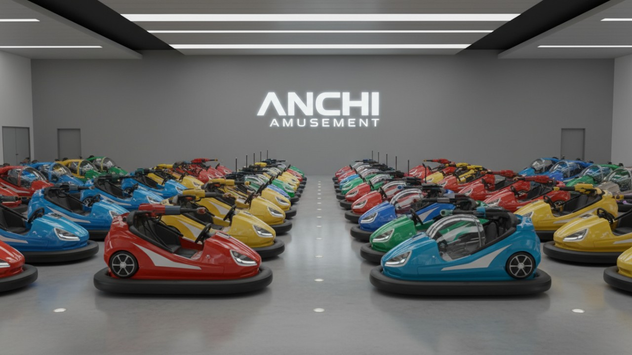 A professional showroom displaying a variety of high quality bumper cars with the ANCHI Amusement corporate logo on the wall.
