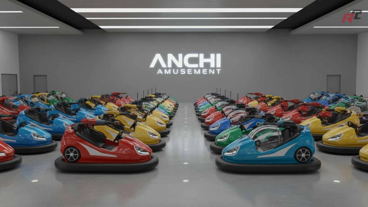 A professional showroom displaying a variety of high quality bumper cars with the ANCHI Amusement corporate logo on the wall.