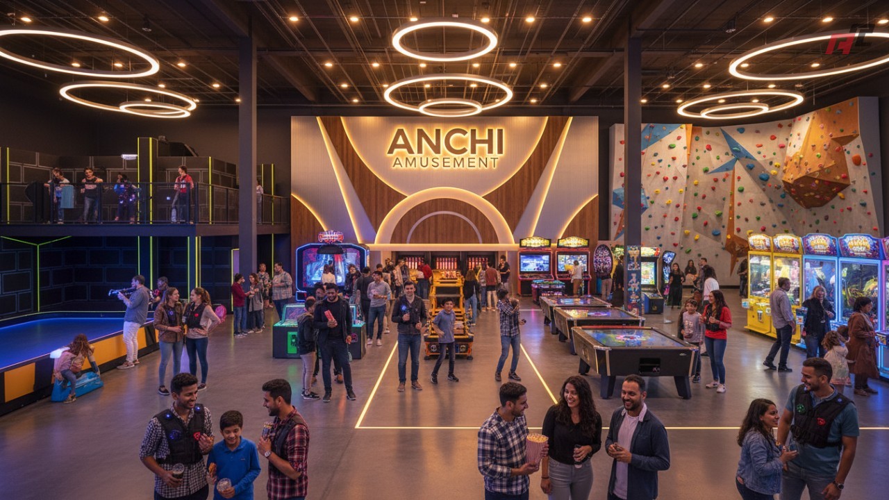 A prosperous indoor amusement arena filled with people and a decorative wall featuring the ANCHI Amusement logo.