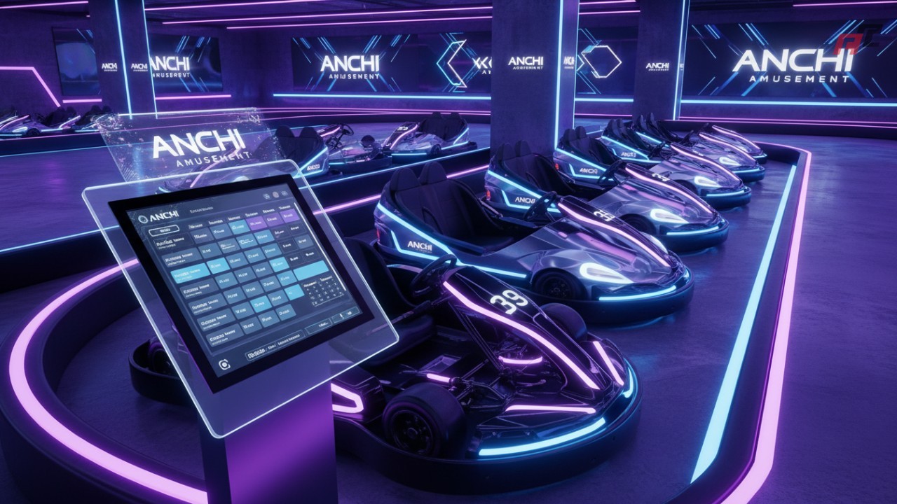 A row of premium amusement vehicles featuring ANCHI Amusement branding in a high tech indoor facility.