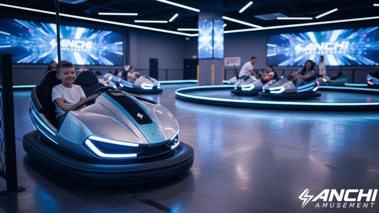 A row of premium electric bumper cars featuring ANCHI Amusement branding in a modern family entertainment center.