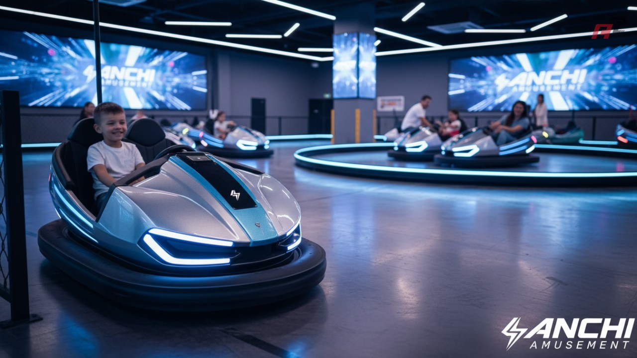 A row of premium electric bumper cars featuring ANCHI Amusement branding in a modern family entertainment center.