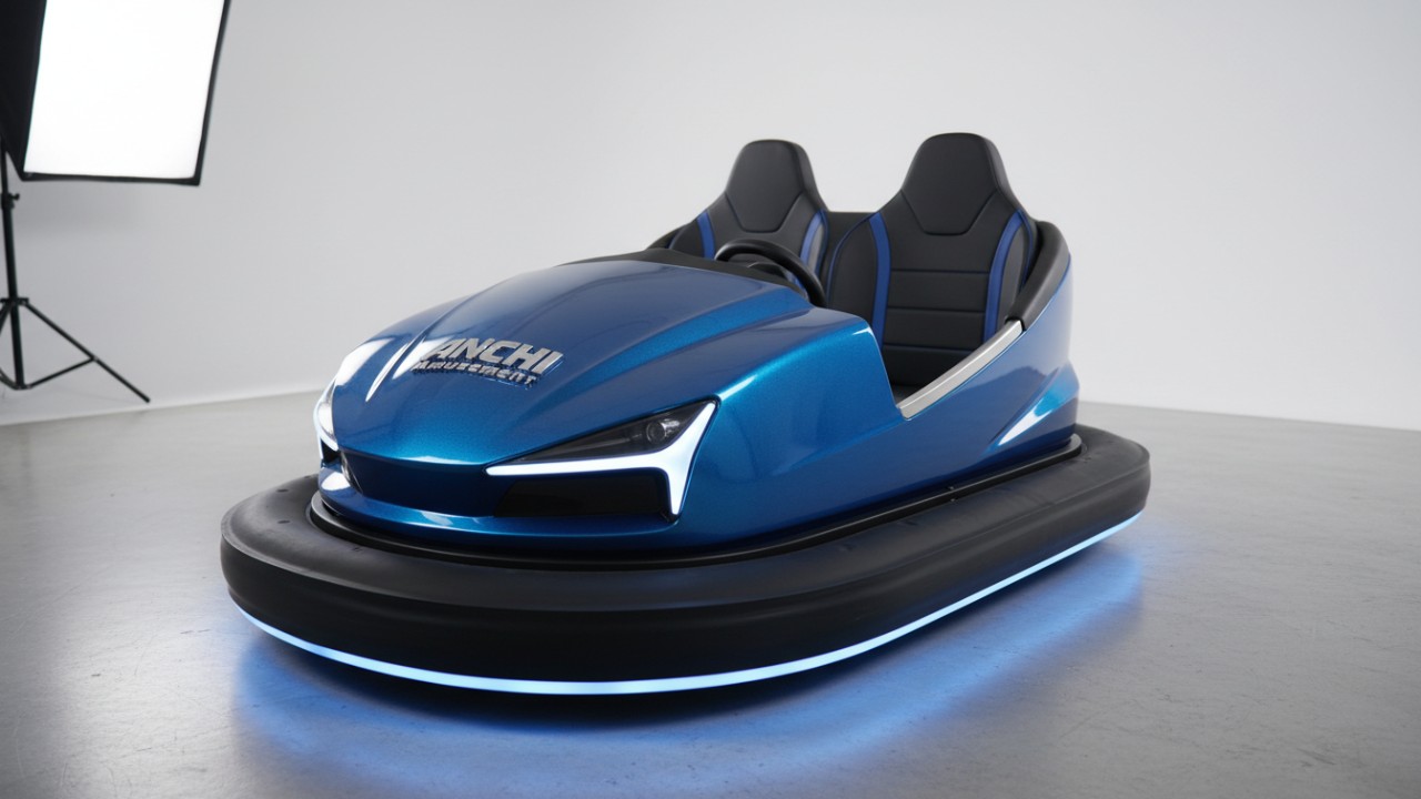 A sleek blue commercial electric bumper car featuring the ANCHI Amusement logo in a professional studio setting.