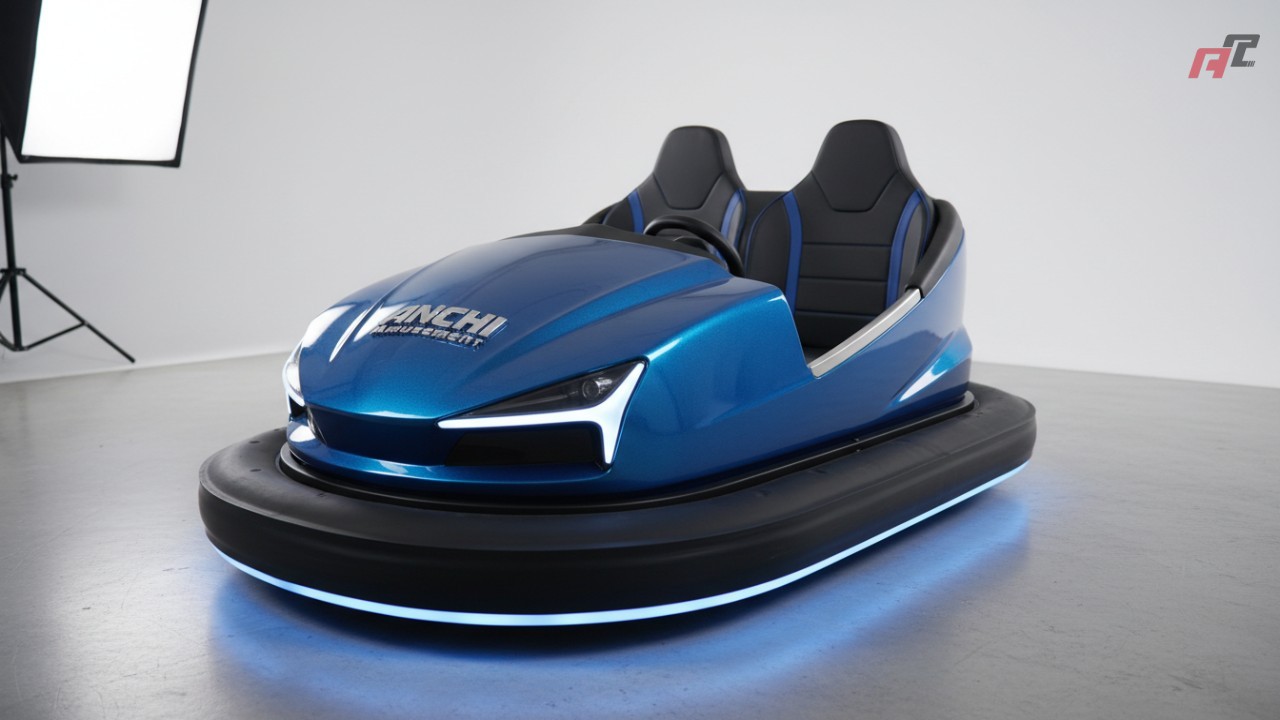 A sleek blue commercial electric bumper car featuring the ANCHI Amusement logo in a professional studio setting.