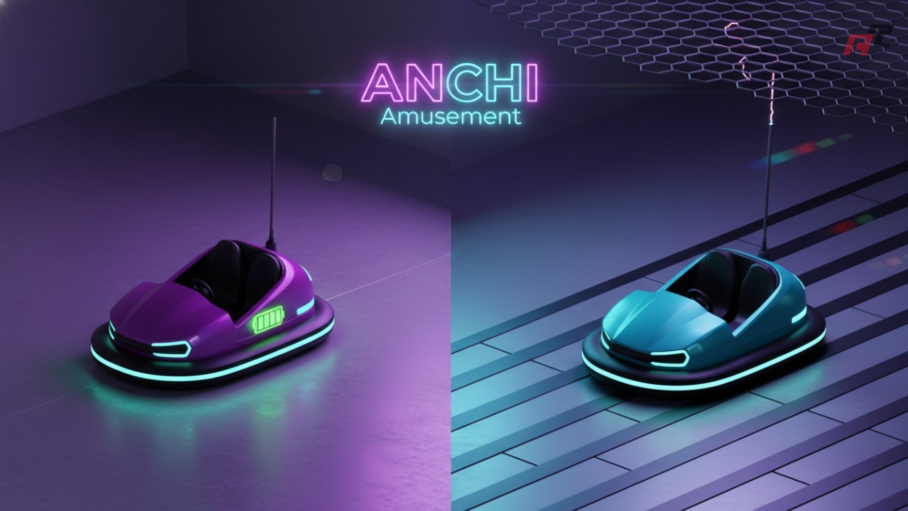 A split screen illustration comparing the mechanical setup of a battery-powered bumper car and a grid-powered bumper car by ANCHI Amusement.