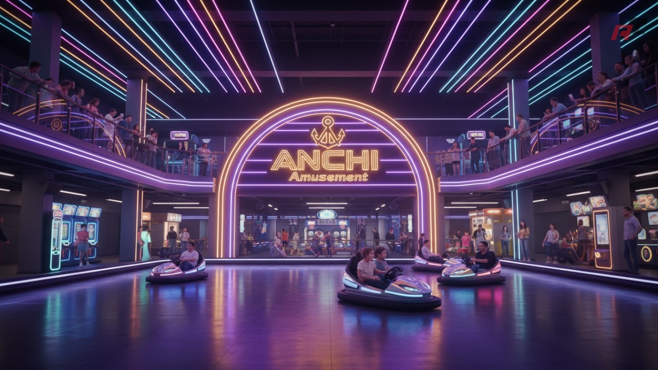 A successful and busy bumper car attraction at a theme park featuring ANCHI Amusement branding.